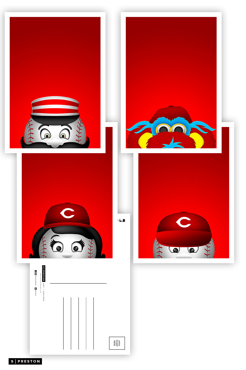 Minimalist Reds Mascots Postcard Set Cincinnati Reds - S. Preston