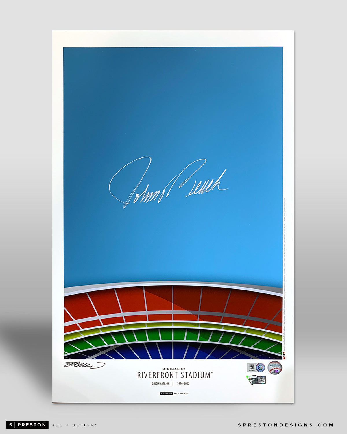 Minimalist Riverfront Stadium - Johnny Bench Signed - Poster Print
